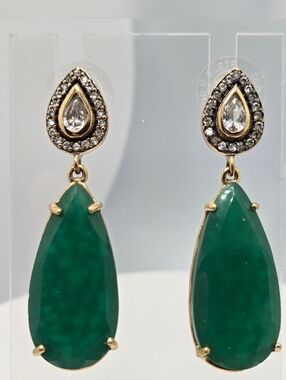 Stella & Dot Liz Drop Earrings Green Faux Jade Gold Chandelier 2" Statement